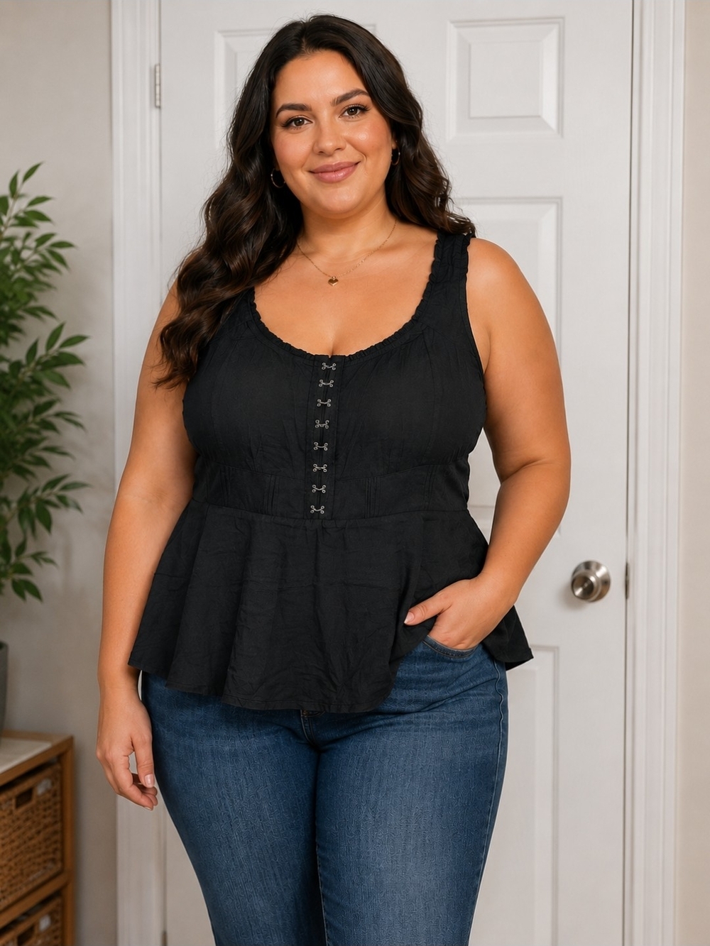 TORRID PLUS SIZE 3/3X BABYDOLL CHALLIS CORSET TOP BLACK HOOK & EYE SMOCKED BACK